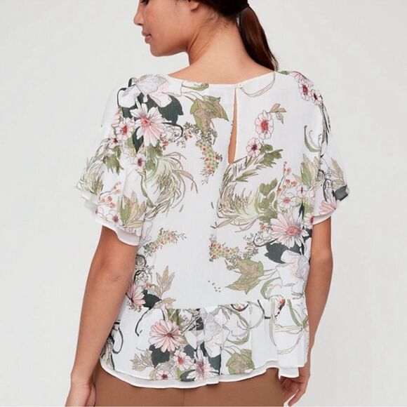 Aritzia L Little Moon Ruffle Sleeve Floral Peplum Blouse White Green - Picture 2 of 16